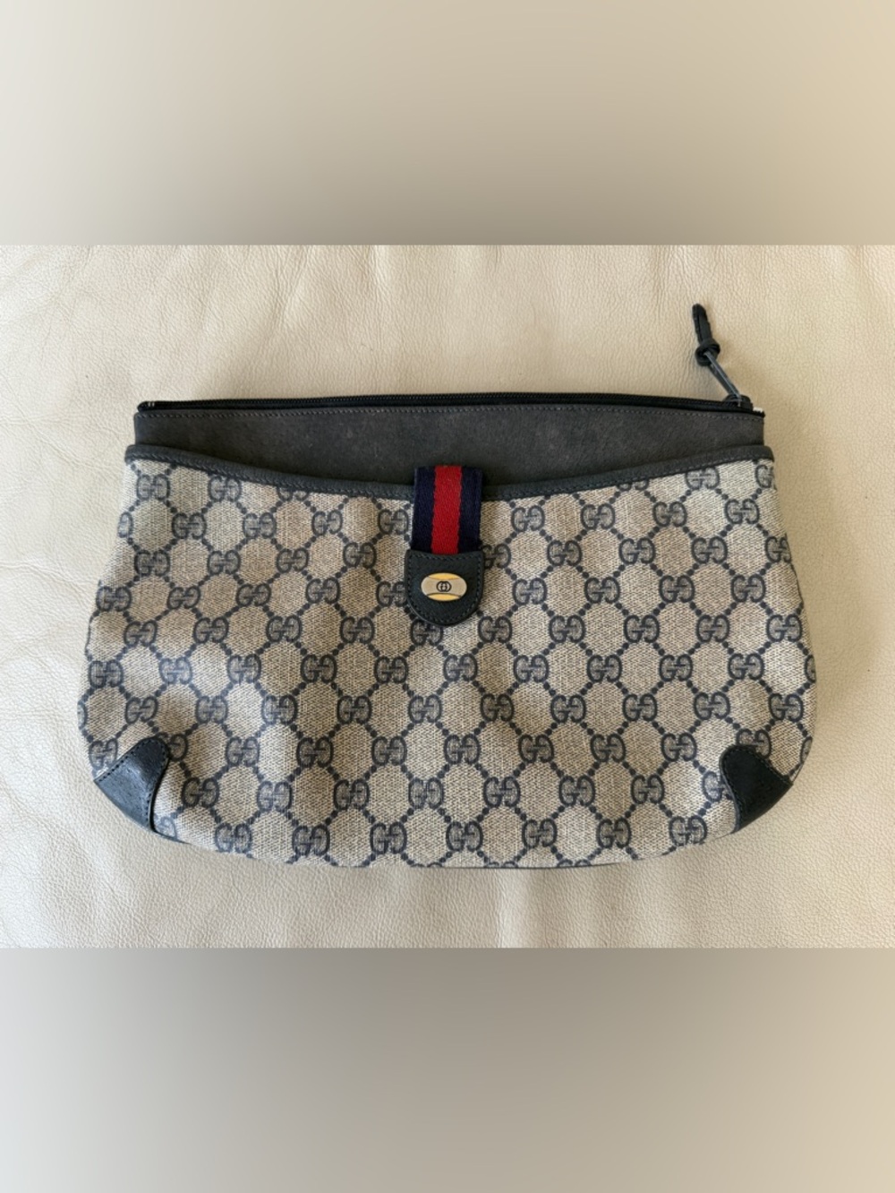Vintage Gucci Beige GG Canvas Clutch with Navy and Red Web Accent